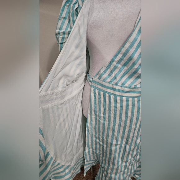 DRAPER JAMES Linen Blend Puff Sleeve Wrap Dress In Blue/white Striped.Size S NWT - Picture 15 of 15